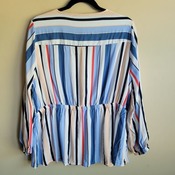 Lane Bryant Womens Blouse Size 16 Blue Stripes V Neck Popover Drawstring Waist - Picture 8 of 8